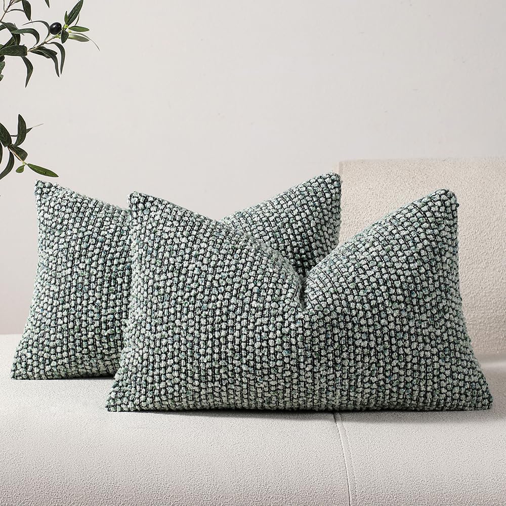 Photo 1 of DEZENE Striped Throw Pillow Covers 12x20 Set of 2 Green Textured Boucle Chic Morden Boho Accent Farmhouse Rectangular Lumbar Decorative Couch Pillow Covers for Home Decor Bed Sofa Living Room