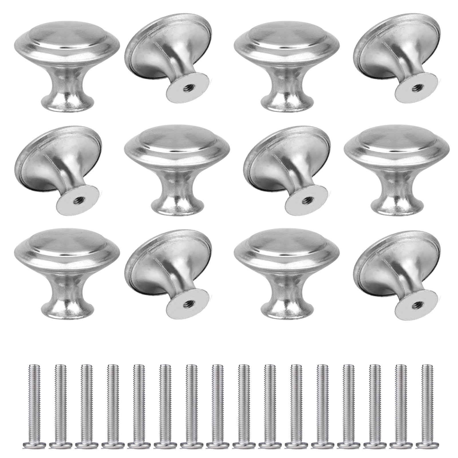 YSDMY 12 Pcs Silver Round Cabinet Door Knobs, 30mm Cupboard Drawer Handles with Screws, Steel Furniture Knobs for Drawers — image 1