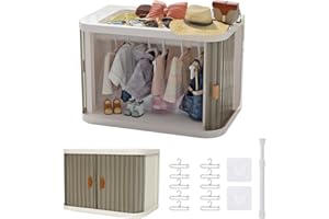 Creproly Doll Wardrobe Storage Box, Foldable Doll Closet with 10 Hangers and Rod for 15/17cm Doll Clothes Stackable Organizer Cabinet with Dust-Resistant Cover and Display Shelf (Transparent Grey)