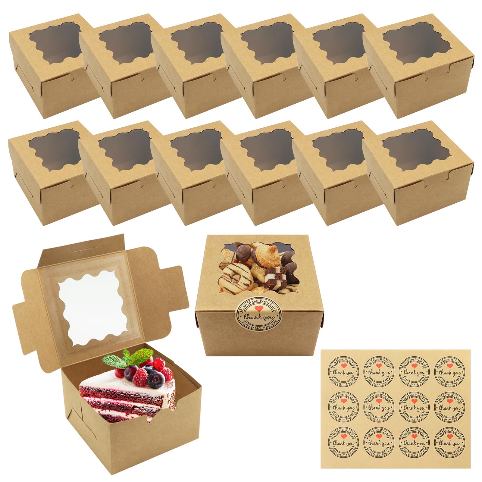 12PCS Small Cake Boxes, Brown Paper Cupcake Boxes Cookie Boxes with Windows and 12 Stickers Mini Cake Boxes Individual Bakery Dessert Brownie Boxes for Gift Small Cakes Sweet Candy (10 * 10 * 6.5cm)