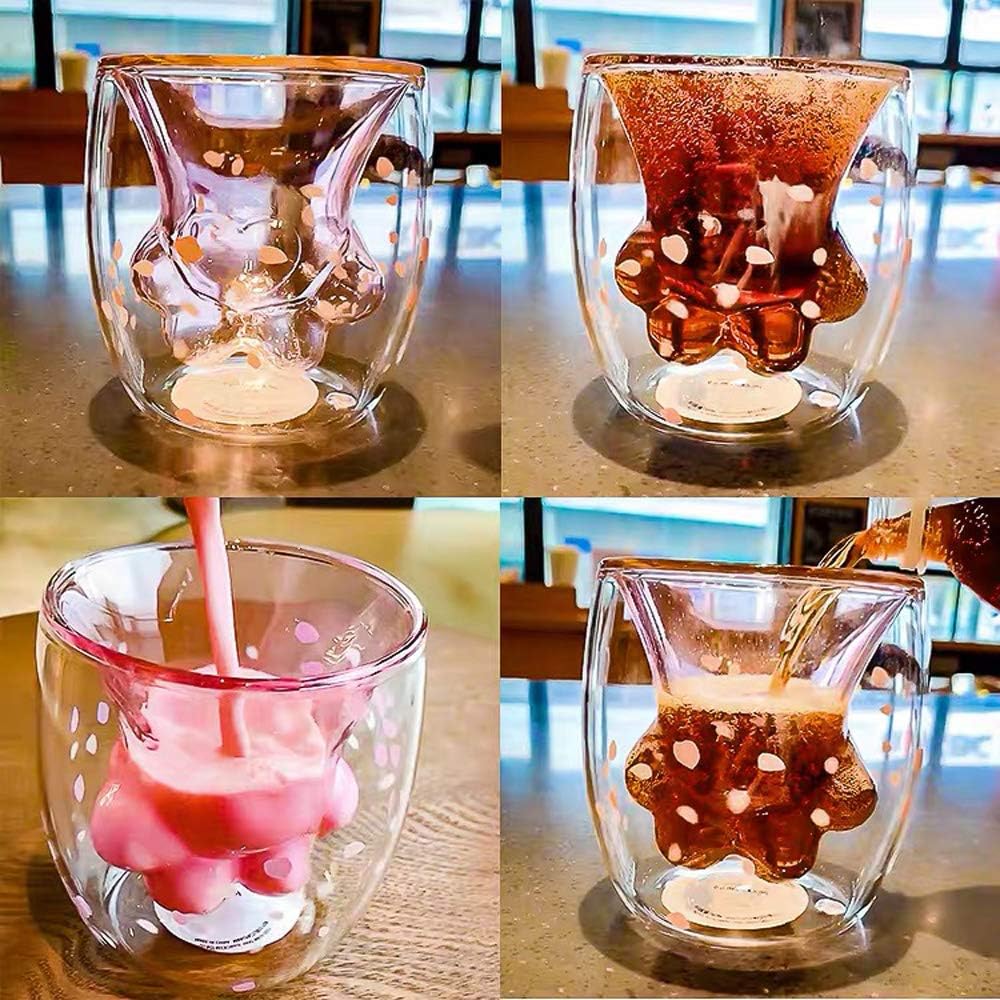 Cute Cat Cups Double Wall Insulated Glass Coffee Mugs, Adorable Pink Sakura Cup, 3D Cat Foot Tea Cups - Image 3