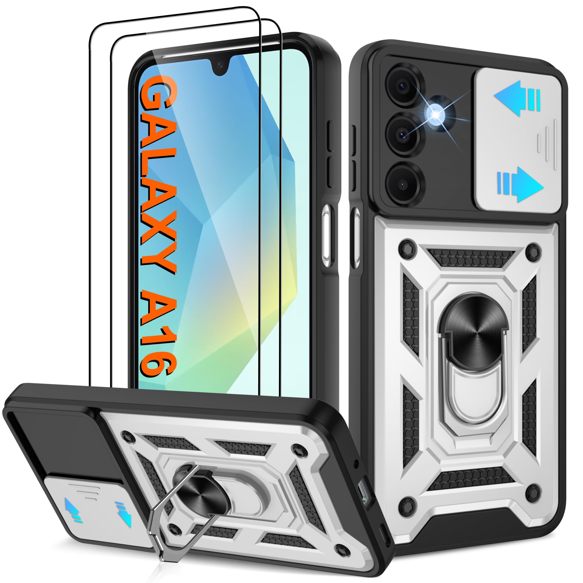 ATUMP for Galaxy A16-5G Phone Case, Samsung Galaxy A16 5G Case with [2 Pcs] HD Screen Protector, Heavy Duty Shockproof with 360° Rotation Kickstand [Military Grade] Protective Case for A16 5G, Silver