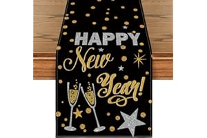 Artoid Mode Cheers Black and Gold 2025 Happy New Year Table Runner, Xmas Winter Holiday Kitchen Dining Table Decoration for Indoor Outdoor Home Party Decor 13 x 90 Inch