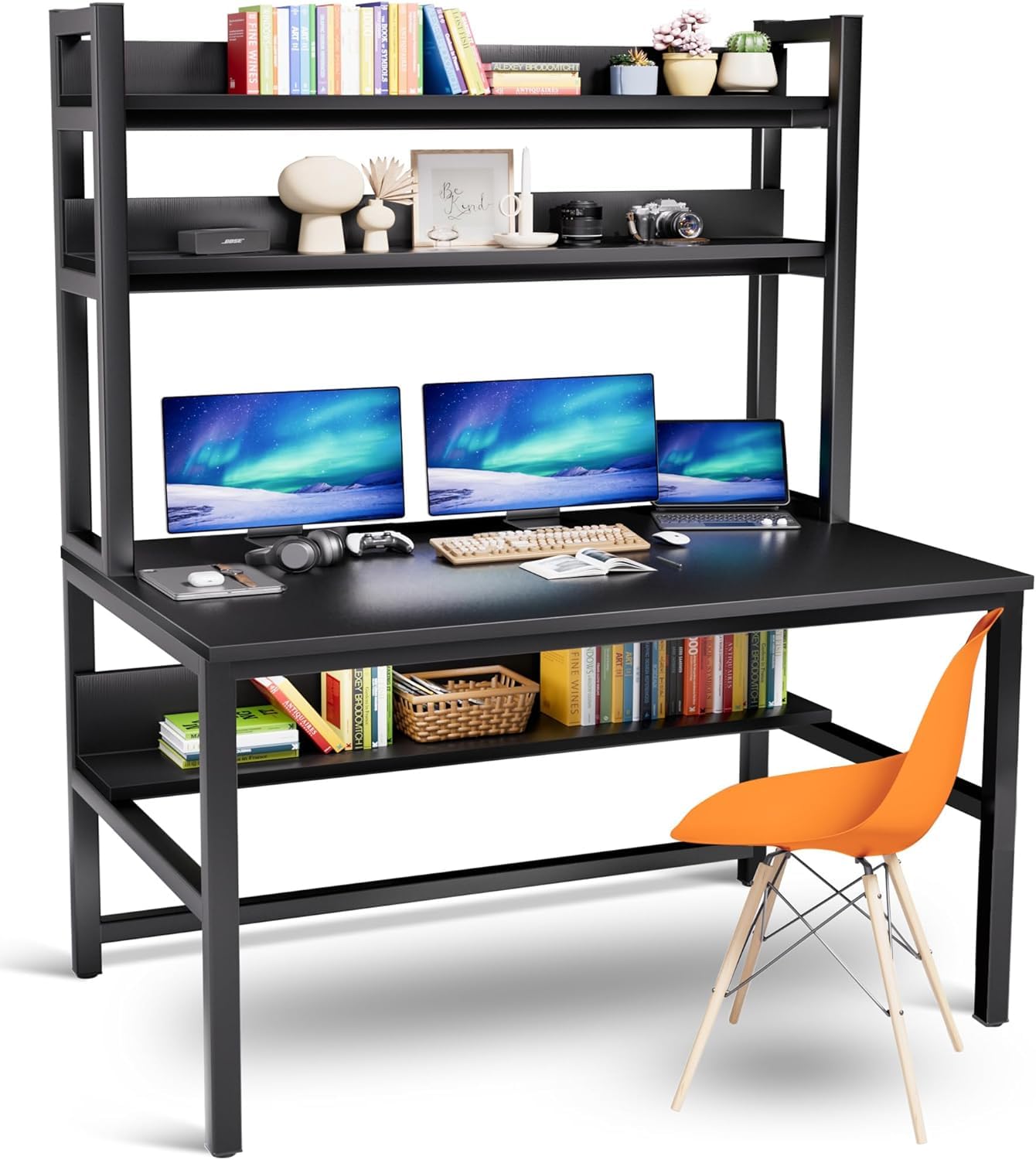 Photo 1 of Aquzee Computer Desk with Hutch and Bookshelves, Large Leg Room 55 inch Width Black Desk with Space Saving Storage Shelves, Easy Assemble and All Hardware and Tools Included
