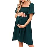 KOJOOIN Maternity Dress Summer Women Tie Back Square Neck Puff Sleeve Off Shoulder Pregnancy Baby Shower Dress