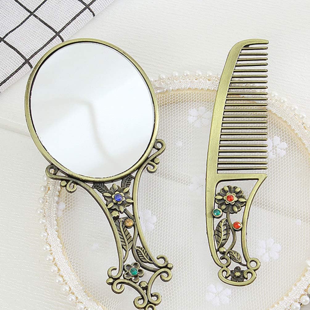 Minkissy Metal Mirror Comb Retro Comb Antique Mirror Vintage Mirror Comb Set for Lady Woman Christmas Birthday Gift (Mixed Pattern) - Image 5