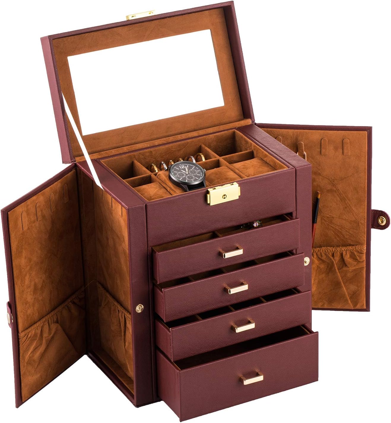 Amazon Com Ym Synthetic Leather Huge Jewelry Box Mirrored Watch