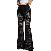 OYOANGLE Women's Lace Flared Pants Y2K High Waisted Skinny Bell Bottoms See Through Sheer Bootcut Trousers