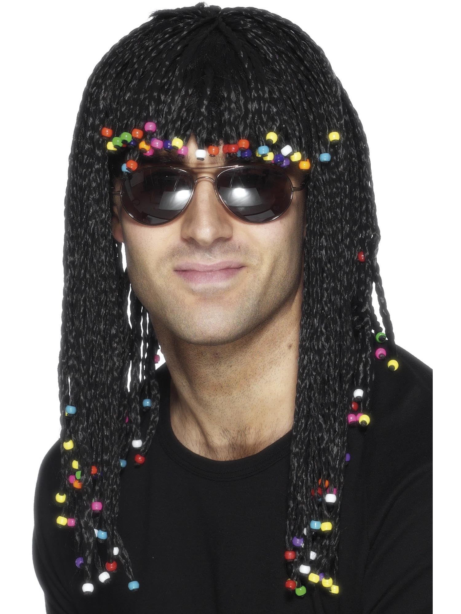 Smiffys Braided Wig, Black with Beads, Hawaiian Luau Fancy Dress, Adult Dress Up Wigs Halloween