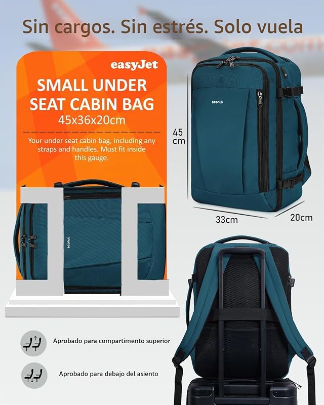 Mochila de 30L 45x36x20 Easyjet, mochila de viagem com avião de cabine com 13 bolísillos, mochila debaixo do assento, mala de viagem reciclada por PET para homens e mulheres, patenteada (azul, verde)