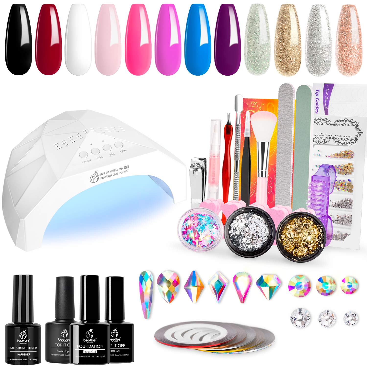 Beetles 12 Colors Home DIY Gel Nail Polish Starter Kit with Light 48W LED Nail Lamp Gel Base Top Coat Cure White Pink Red Gel Polish Glitter Powder Nail Art Rhinestone Gems Manicure Gift Box