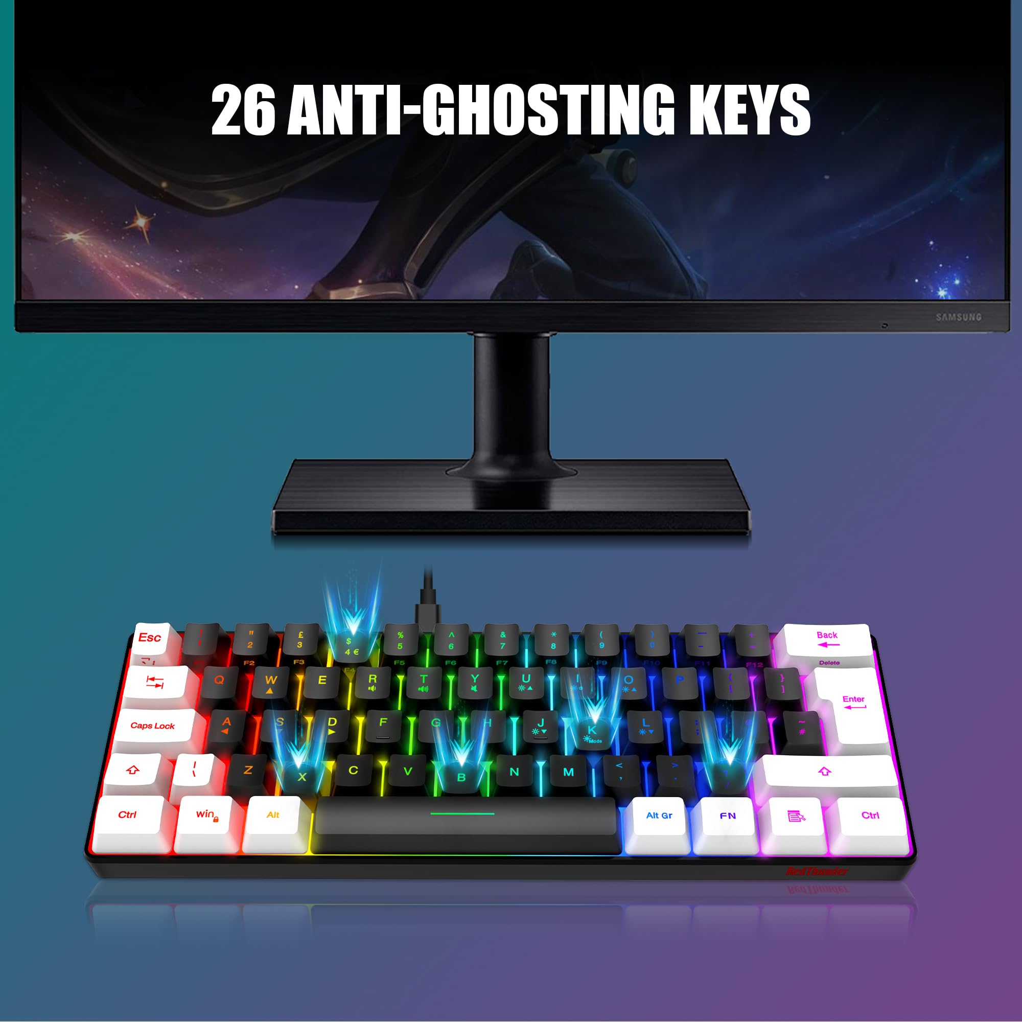 Redthunder 60% Rgb Gaming Keyboard And Mouse Combo,Uk Layout Ultra Compact Backlit Mini Keyboard, Lightweight 7200 Dpi Cellular Optical Mouse, Portable Wired Gaming Set For Pc Ps5 Gamers (Black-White) - View 7