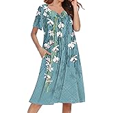 Ekouaer Nightgowns for Women Short Sleeve House Dress with Pockets Soft Moomoo Pleated Mumu Dresses V Neck Sleepwear