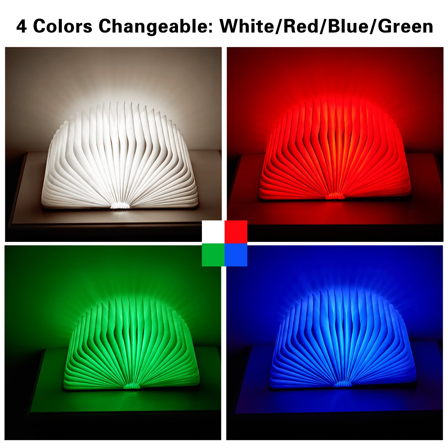 LED Book Lamp, Wireless Wooden Folding Book-Shaped Reading Night Light Table Lamp with USB Rechargeable 4 Changeable Colors for Decor Birthday Gift Halloween Lighting Kids Children Sleeping
