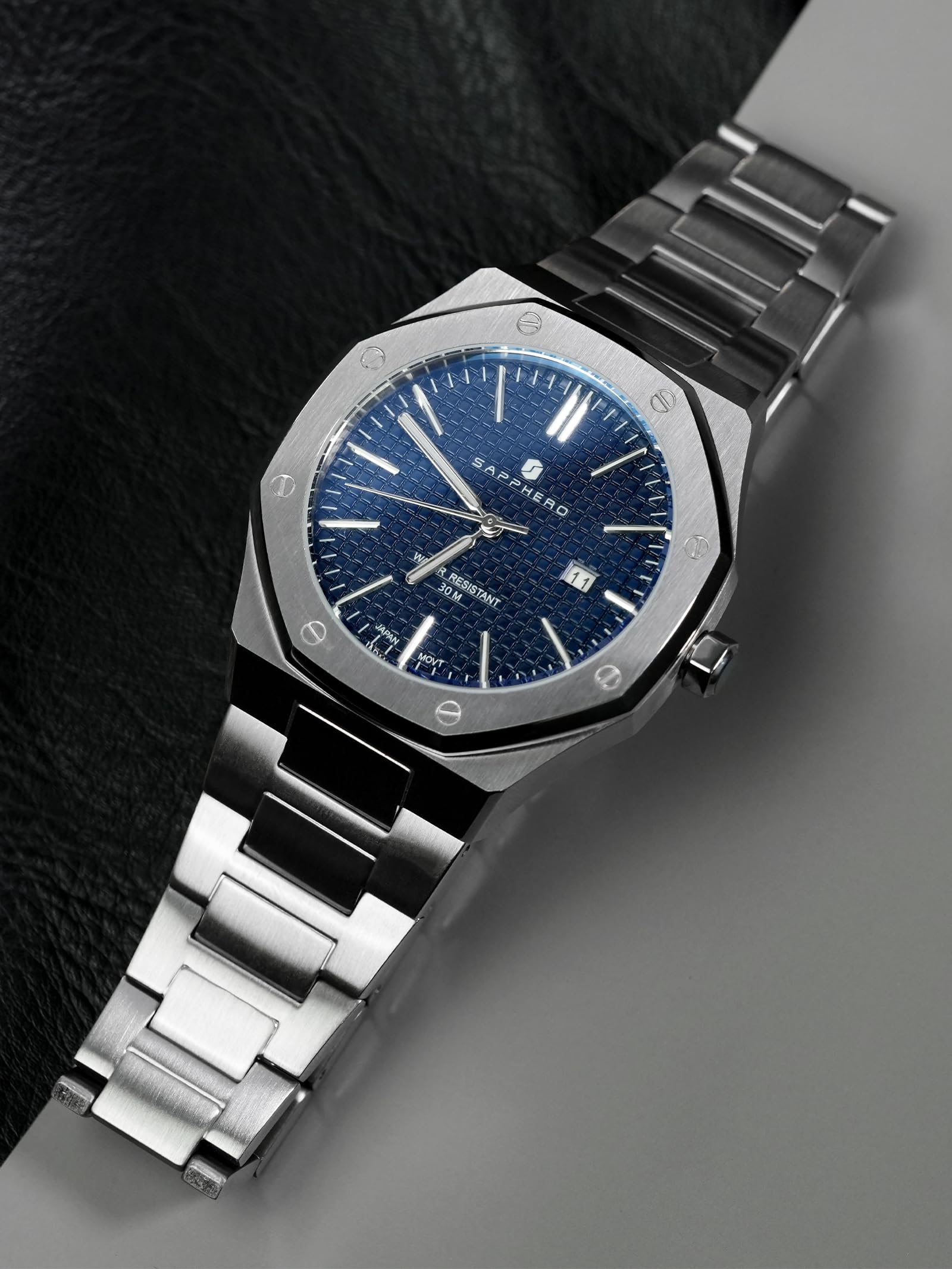 SAPPHERO Watches Men's 30M Waterproof Watch Men's Stainless Steel Octagonal Men's Watch Silver Quartz Japanese Movements Business Casual Luminous Watch with Date