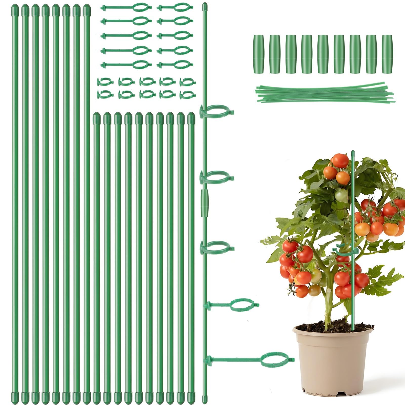 Photo 1 of 18Pcs Plant Stakes,16inch & 12inch Adjustable Plant Support Stake Plant Sticks for Indoor Outdoor Green Poles with Rings Clips & Ties for Potted Plants Monstera Tomato Orchid Flower