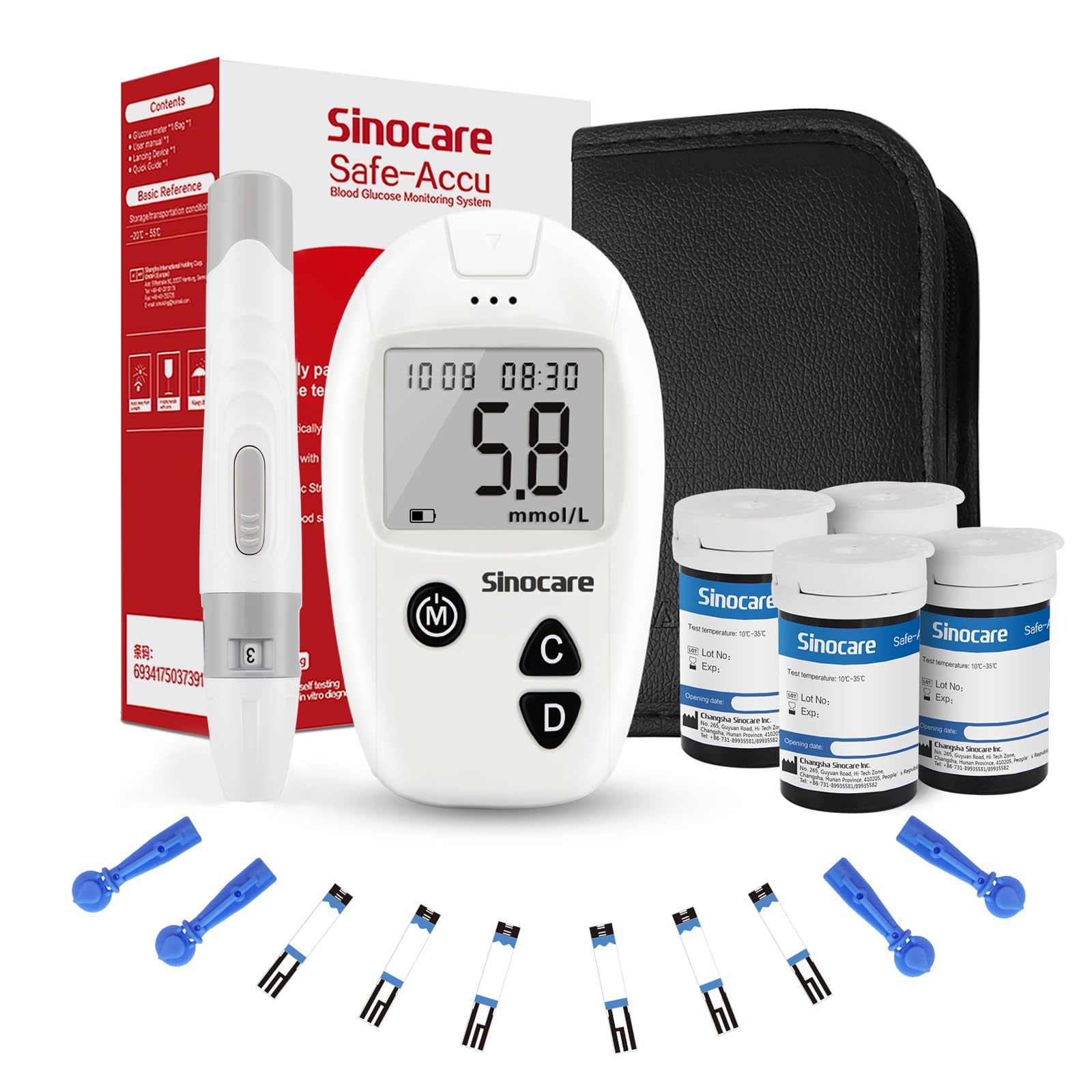 Sinocare Safe Accu Blood Sugar Monitor, Blood Sugar Test Kit 100 Strips & 100 Lans., Blood Glucose Monitors, Diabetes Testing Kit for UK Home Use, No Coding Glucometer in mmol/L