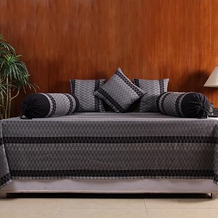 House This The 70S Chevron Cotton Diwan Set- 1 Single Bedcover, 2 Bolster Covers & 3 Cushion Covers -152x229 Cms/61x92 Inches -Black