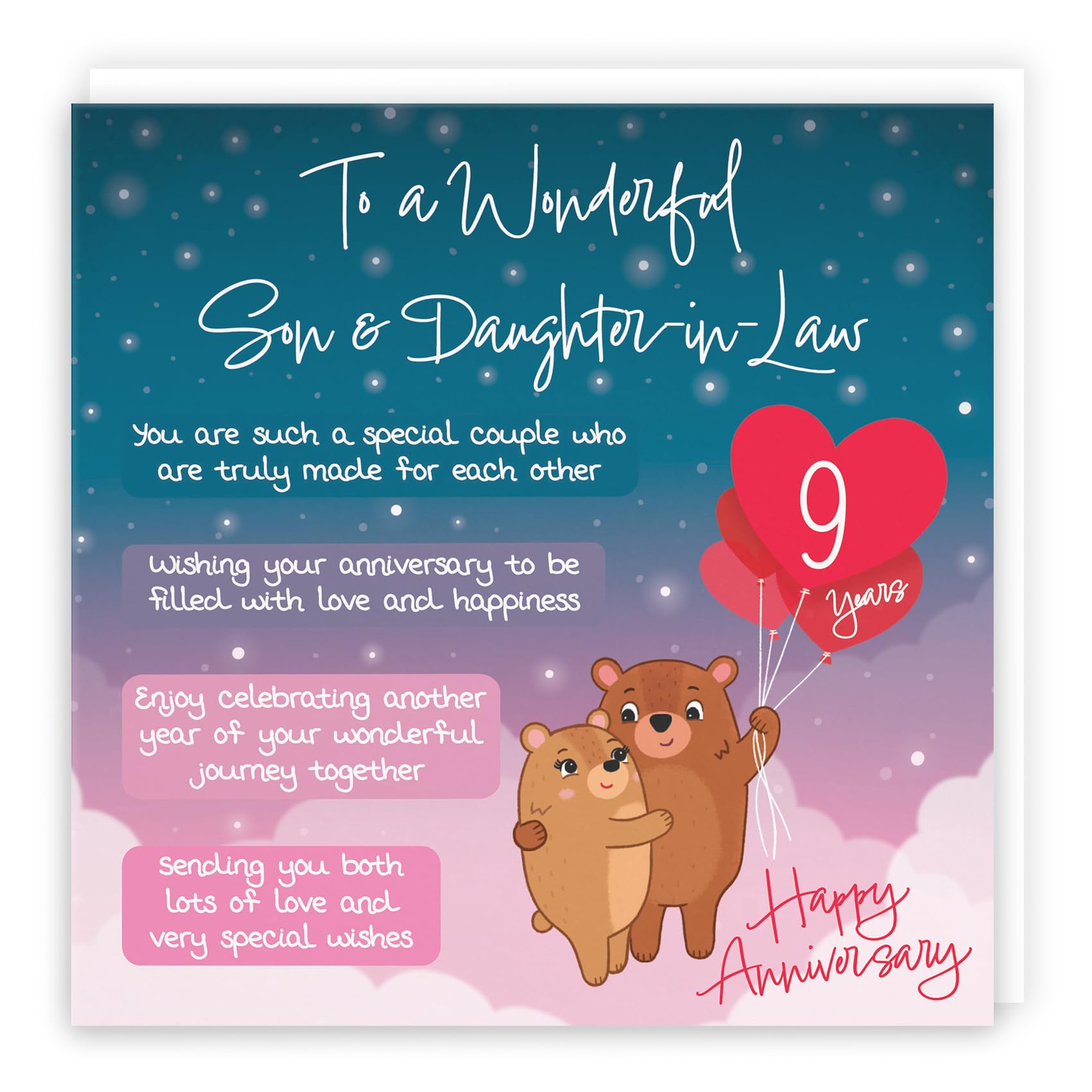 Hunts England - Son And Daughter In Law 9th Anniversary Card - Starry Night - Cute Bears - Verse 9th Anniversary Card For Son And Daughter-in-Law - Poem Son And Daughter-in-Law Anniversary Card