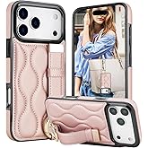 CCSmall for Apple iPhone 17 Pro Max Case with Wrist Strap Kickstand, PU Leather Cute Phone Cover with Finger Ring for Women Girls Protective Case for iPhone 17 Pro Max, ZWD Rose