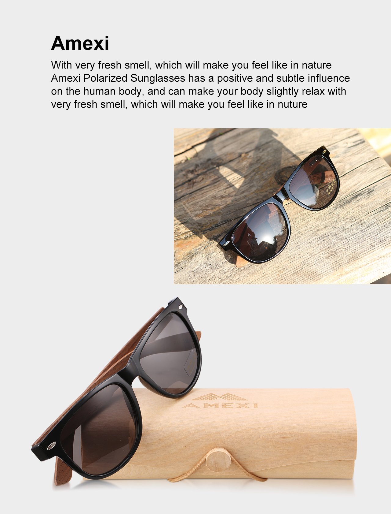 Amexi occhiali da sole in legno UV400 - occhiali con astine in bambù unisex uomo donna - con custodia vintage - diversi colori/Sport Outdoor Sport Pesca Ultra Leggero Occhiali da sole (black)