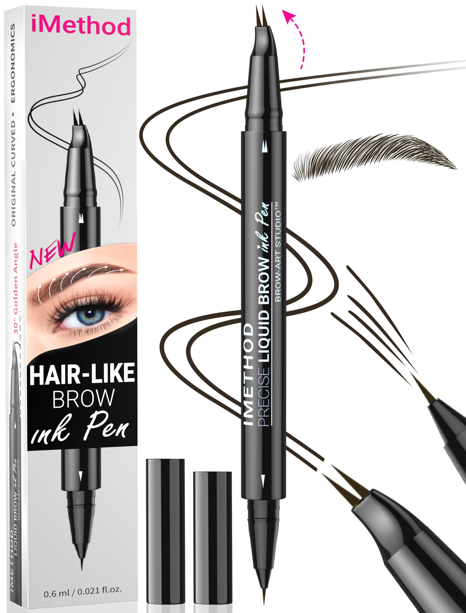 iMethod Curved Eyebrow Pen - Eyebrow Pencil, Brow Pencil 2-in-1 Dual-Ended Microblading Eyebrow Pen with Micro-Fork-Tip and Precise Brush-Tip Create Natural Hair-Like Brows, Last All-Day, Black Brown