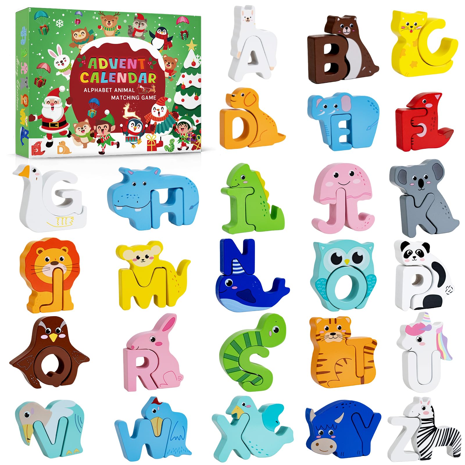Advent Calendar 2025 Kids,Wooden Alphabet Animal Puzzles for Toddlers,52 Pcs ABC Matching Game,24 Days Christmas Countdown Wood Animal Puzzles and Preschool Learning Activities for Boys,Girls,Toddlers