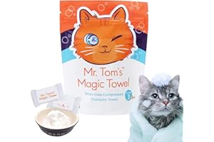 Mr. Tom's Magic Towel - Pet Wipes for Cats - Rinse-Free Compressed Shampoo Towel for Cats and Dogs - Non-Toxic, Re-usable, pH-Balanced, Omega 3 Fish Oil Cat Shampoo - 10 Towel Pieces