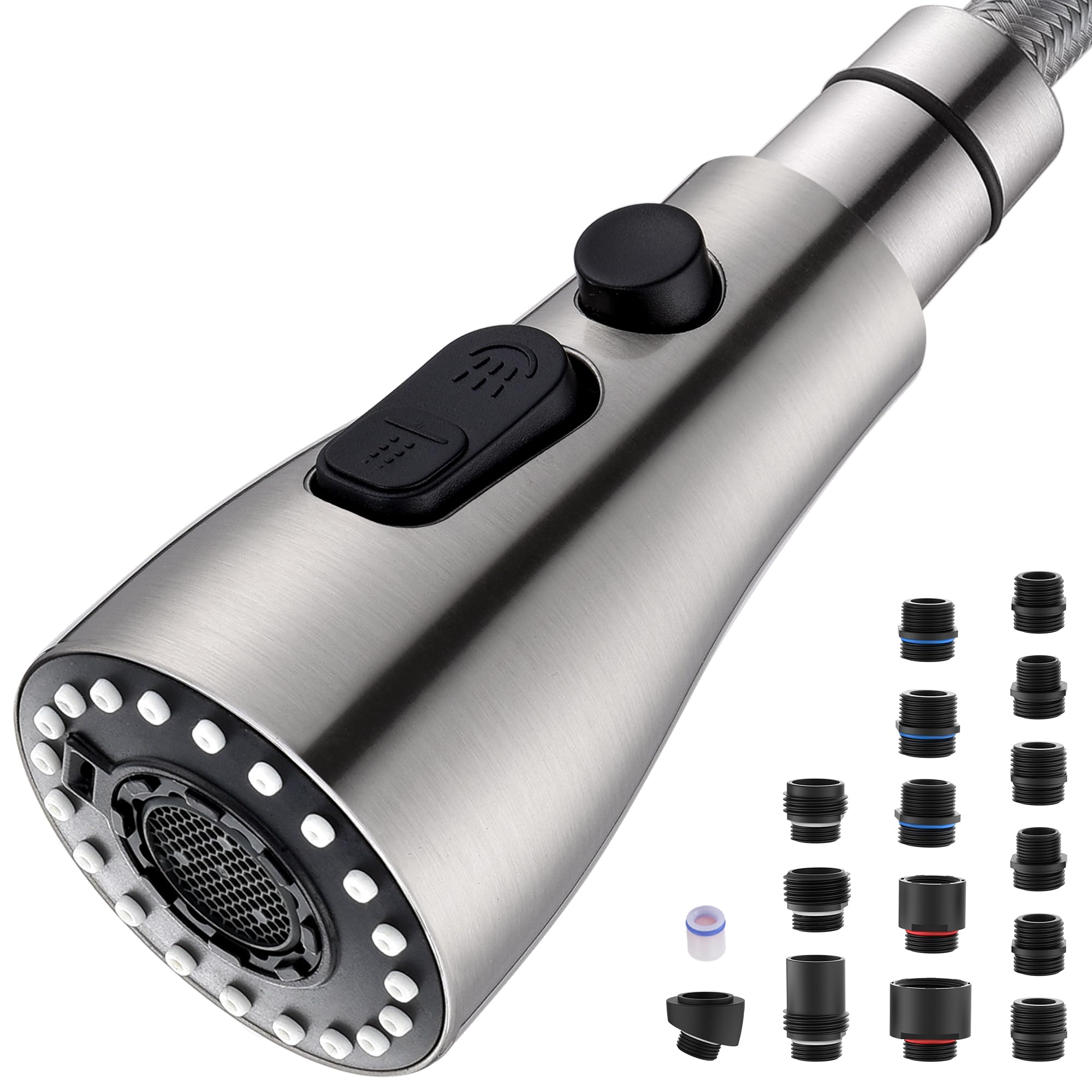 Photo 1 of Metal Kitchen Faucet Head Replacement – 3 Mode High-Pressure Sink Sprayer Replacement with 15 Nozzle Adapters, Durable Pull Down Spray Head for Kitchen Sink (Stream/Spray/Blade), Stainless Steel
