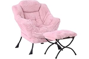 SESHINELL Lazy Chair with Ottoman, Modern Accent Chair Lounge Leisure Sofa Chair with Armrests, Reading Chair and Folding Footstool for Living Room, Bedroom, Office, Plush Pink