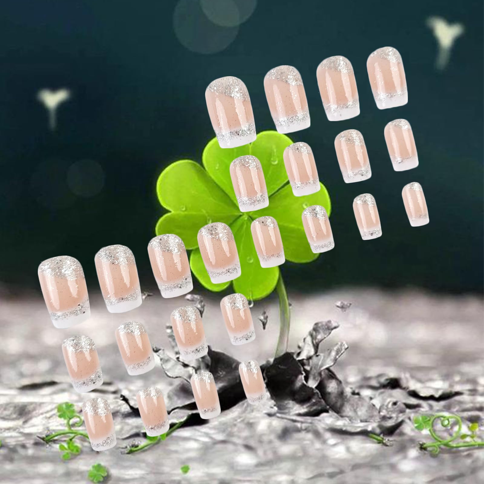 White French Tips Press on Nails 24Pcs Glossy Silver Glitter Acrylic Fake Nails Sparkly False Nail Milky Way Gel Glue on Nail Stars Stick on Medium Square Fingernails for Coquette Women Girls - Image 4