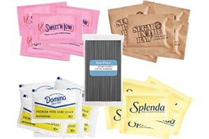 POGALIGHT Sugar and Sweeteners Variety Pack - 25 Pure Cane Sugar, 25 Brown Sugar, 25 Yellow Sweetner, 25 Pink Sweetener, 100 Plastic Stirrers - Perfect for Coffee, Tea, Baking, Office, Restaurant, Sugar and Sweetener Assortment Packets .