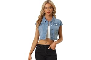 Allegra K Women's Summer Button Down Cap Short Sleeve Cropped Jean Denim Jacket