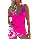 ROSEWE Womens Tankini Bathing Suits, Two-Piece Smocked Swim Dress, Print Swimsuits with Board Shorts