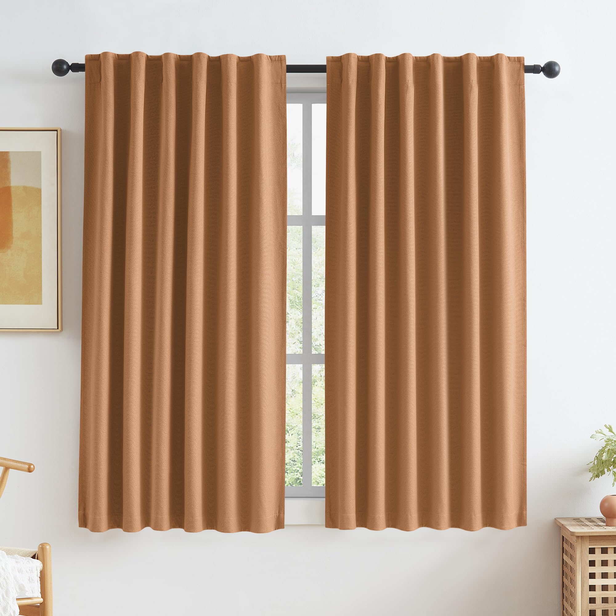 Photo 1 of KEQIAOSUOCAI Burnt Orange Blackout Linen Curtains 2 Panels Set 63 Inch Length for Living Room Hook Belt Back Tab Boho Muted Ochre Orange Curtains for Bedroom W50 x L63