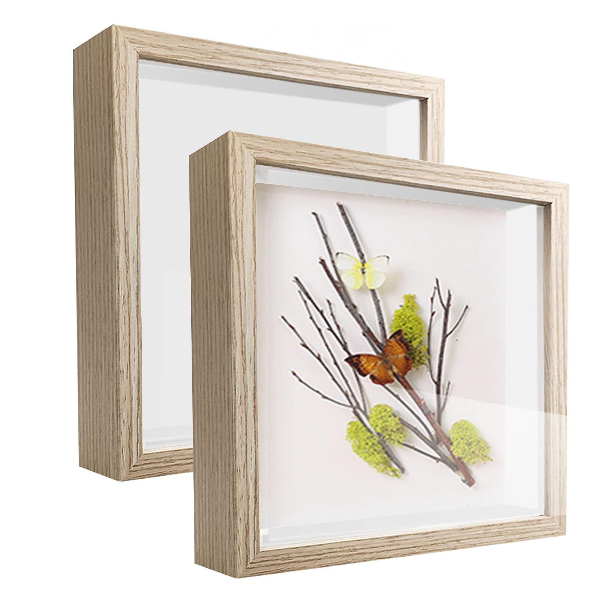 sunmeg 2Pcs 3D Shadow Box 5x5 Picture Frame Wooden Deep Box Square Photo Frames Desktop or Wall Hanging for Medal, Flower & Crafts Display