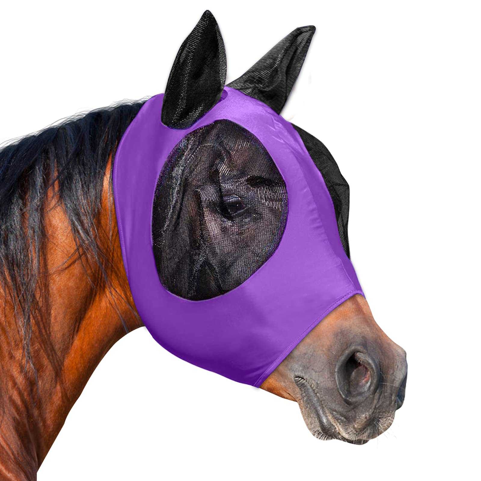 Horse Fly Mask, Fly Masks for Horses with Ears, Smooth & Elasticity Lycra Fly Mask, Avoid Equine Fly and UV Protection, Full Size for Cob, Horse (Purple, Full (Large))