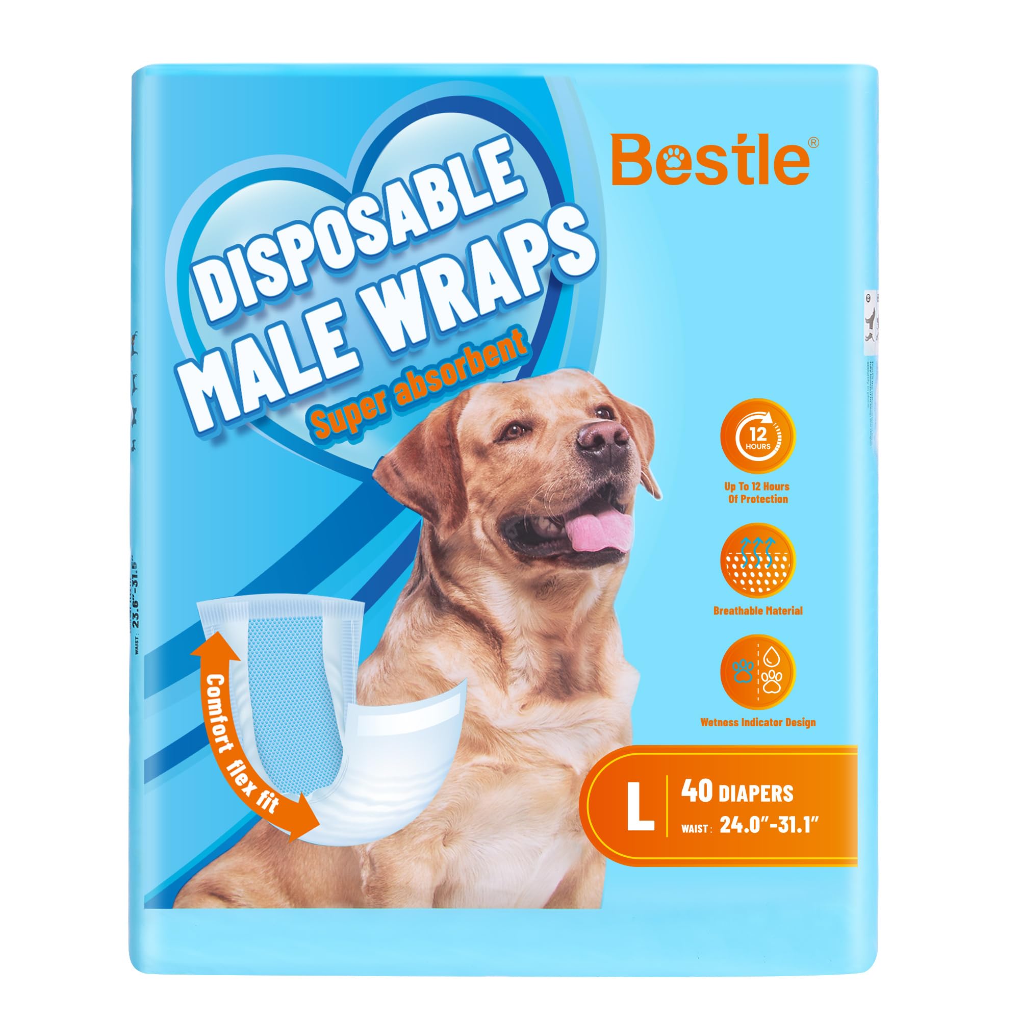 Photo 1 of Bestle Male Dog Wrap, Disposable Dog Diapers, 40 Count, L (Waist 23.6”-31.5”), Wetness Indicator, Ultra Protection, Leak Proof, Super Absorbent, Soft