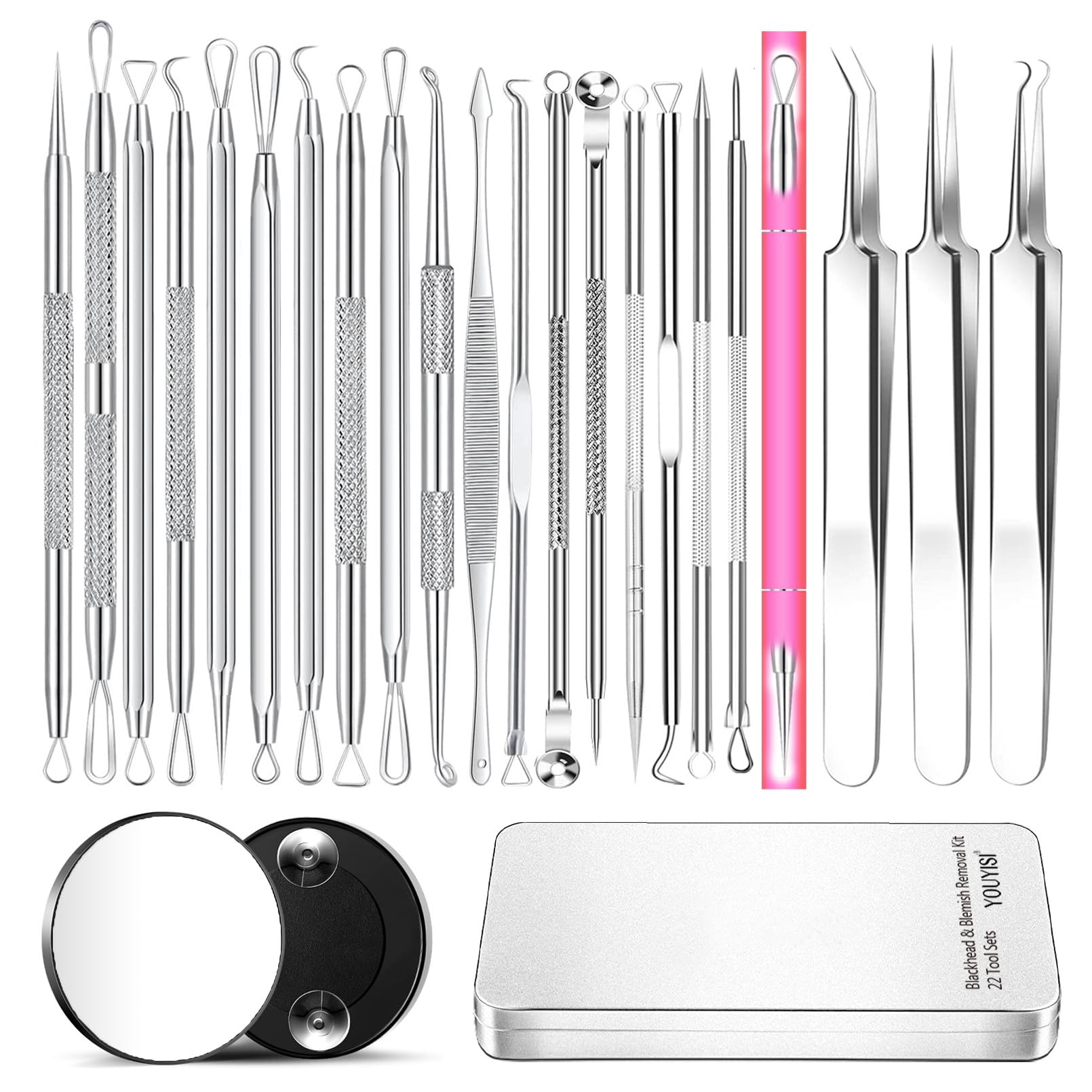 YOUYISI 22 Piece Pimple Popping Kit - Includes Tweezers, Spot Popper, and Blackhead Remover Tool
