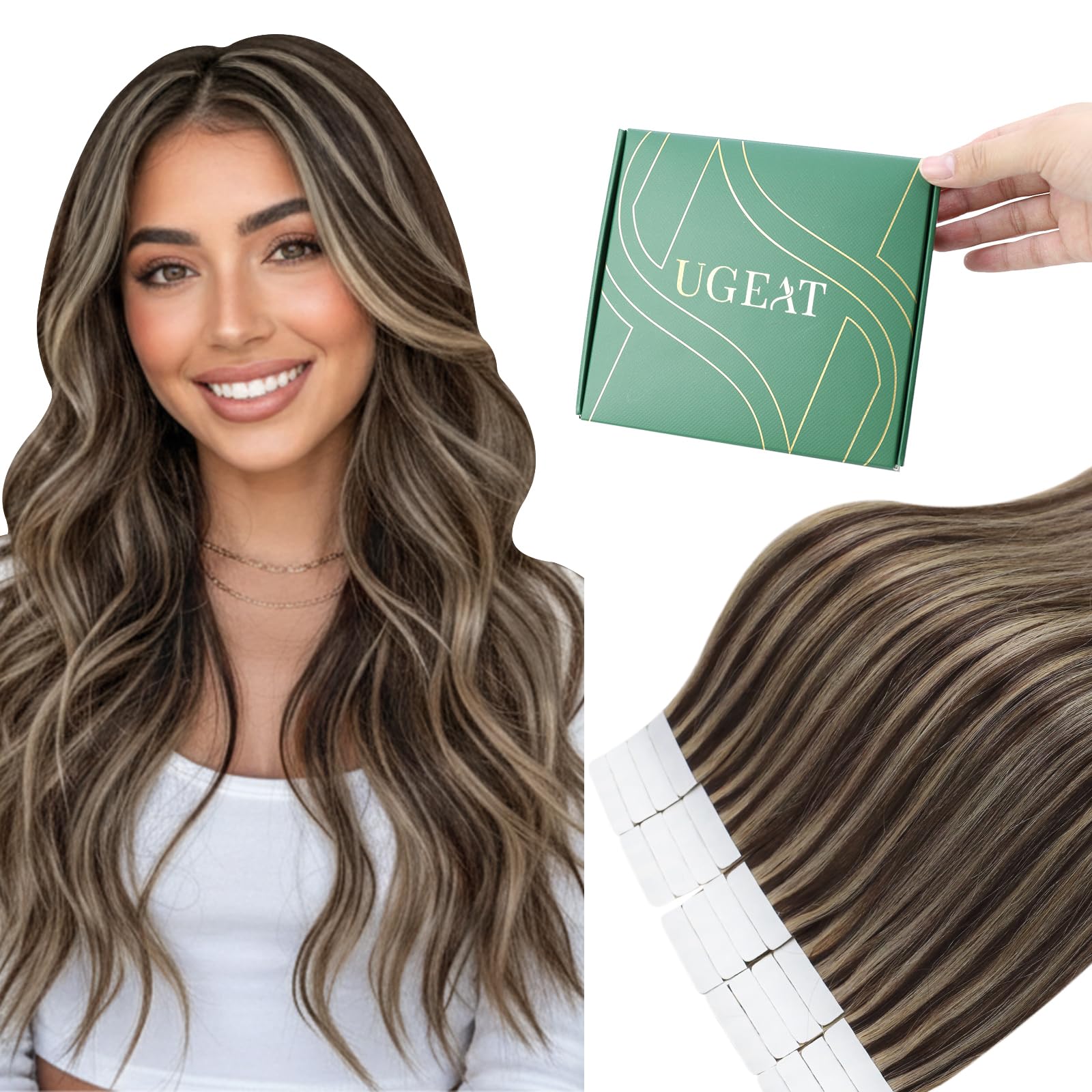 Ugeat Hair Extensions Tape in Dark Brown With Caramel Blonde Highlighted Remy Human Hair Tape Extensions Straight Tape in Hair Extensions Seamless 16Inch 50G 20Pcs #4/27 — image 1