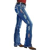 Flamingals Mid Waist Boot Cut Jeans for Women Straight Leg Stretchy Feather Embroidery Trendy Wash Denim Jeans