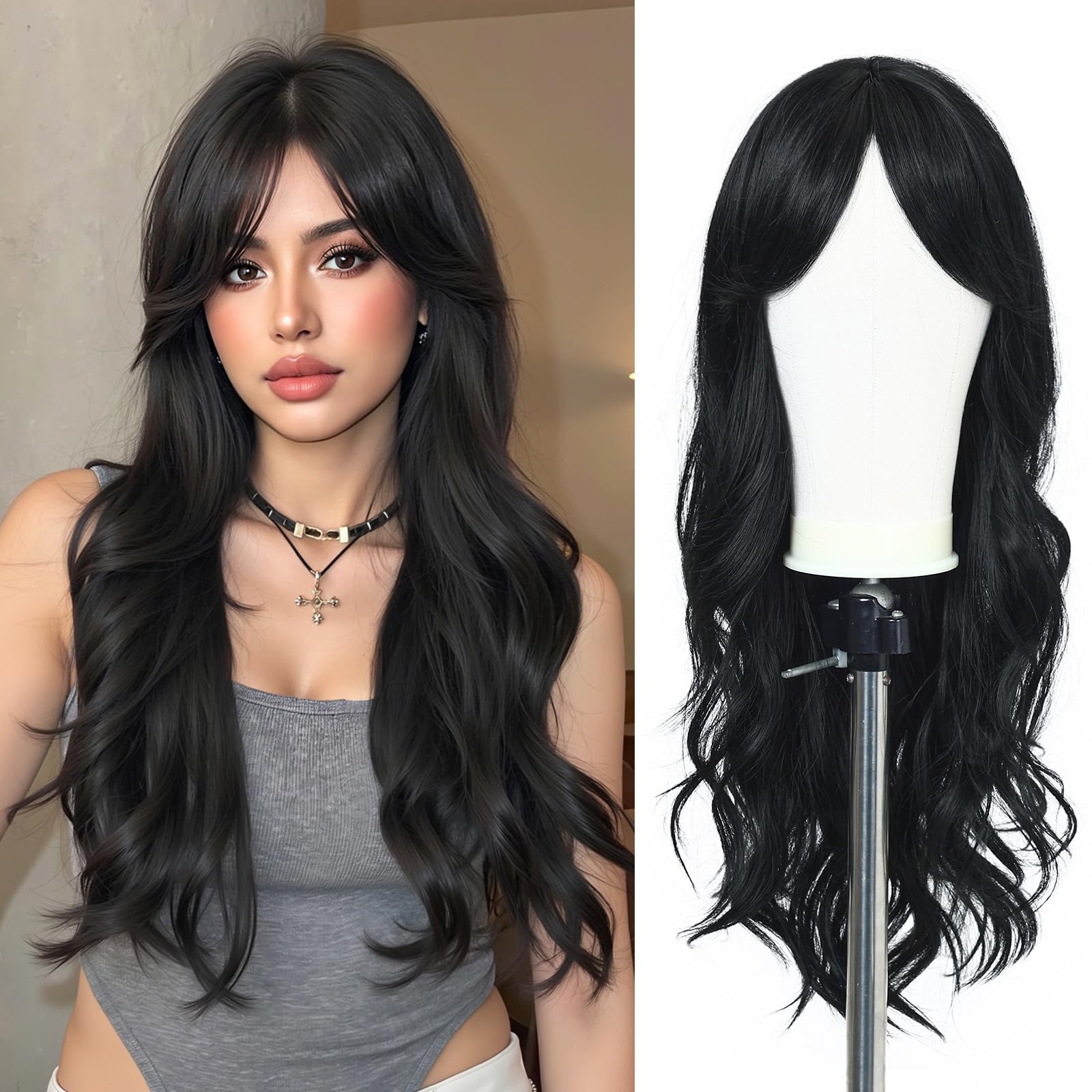 Esmee Long Wavy Black Wigs for Women Synthetic Brunette Hair Wig with Fringe for Daily Party Cosplay Use-26Inches — image 1