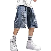 FCOOLYEET Mens Y2k Baggy Jean Shorts Jorts Grunge Ripped Demin Shorts Loose Fit Aesthetic Jeans