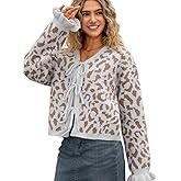 ChiaoLezhee Womens 2000s Bow Cardigan, V-Neck Tie Open Front Loose, Leopard Ruffle Cuffs Knit Sweater, Cute Valentines Outfit