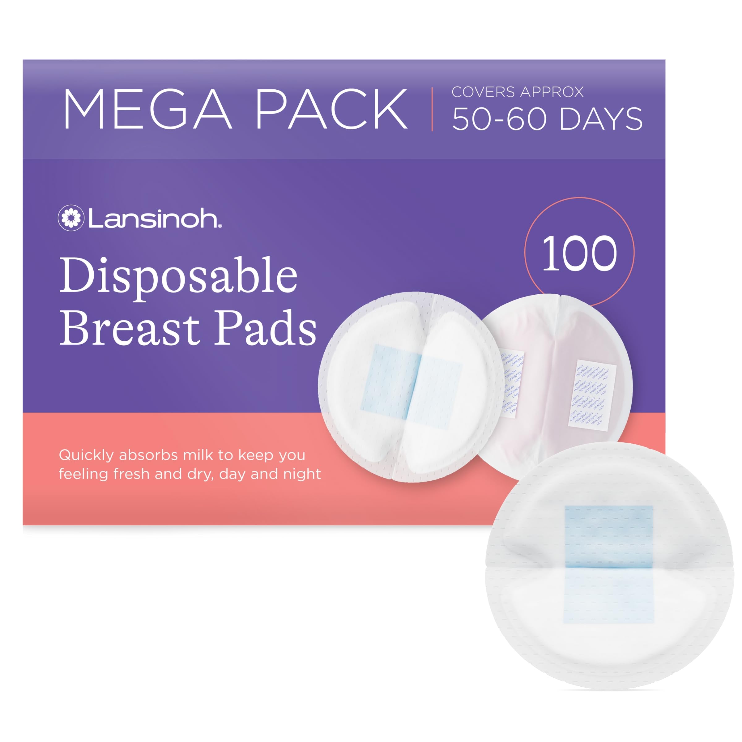 Lansinoh Disposable Breast Pads - Leakproof & Ultra Thin Absorbent Maternity Pads - Discreet Fit Nursing Pads Breastfeeding Essentials - 100 Pack