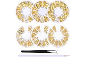 WOKOTO 6 Boxes 3D Hollow Gold Nail Decoration Shell Metal Nail Studs Nail Jewels Kit With 1Pc Tweezers And Picker Pencil