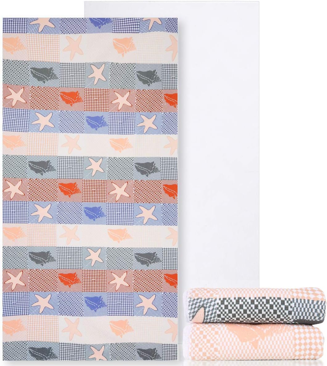 Feelingjoy Beach Towel Blanket Large Conch Starfish Squares Thick Water Absorbent Microfiber Picnic Yoga Mat