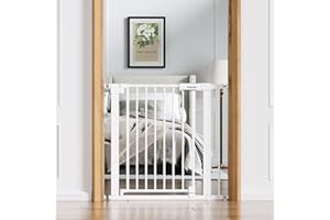 BABELIO Baby Gate for Doorways and Stairs, 31-36" Pet Gate with Wide Walk Thru Door and Lock Indicator, No Drill Pressure Mounted Safety Gate with Double Lock and Self-Closing, White