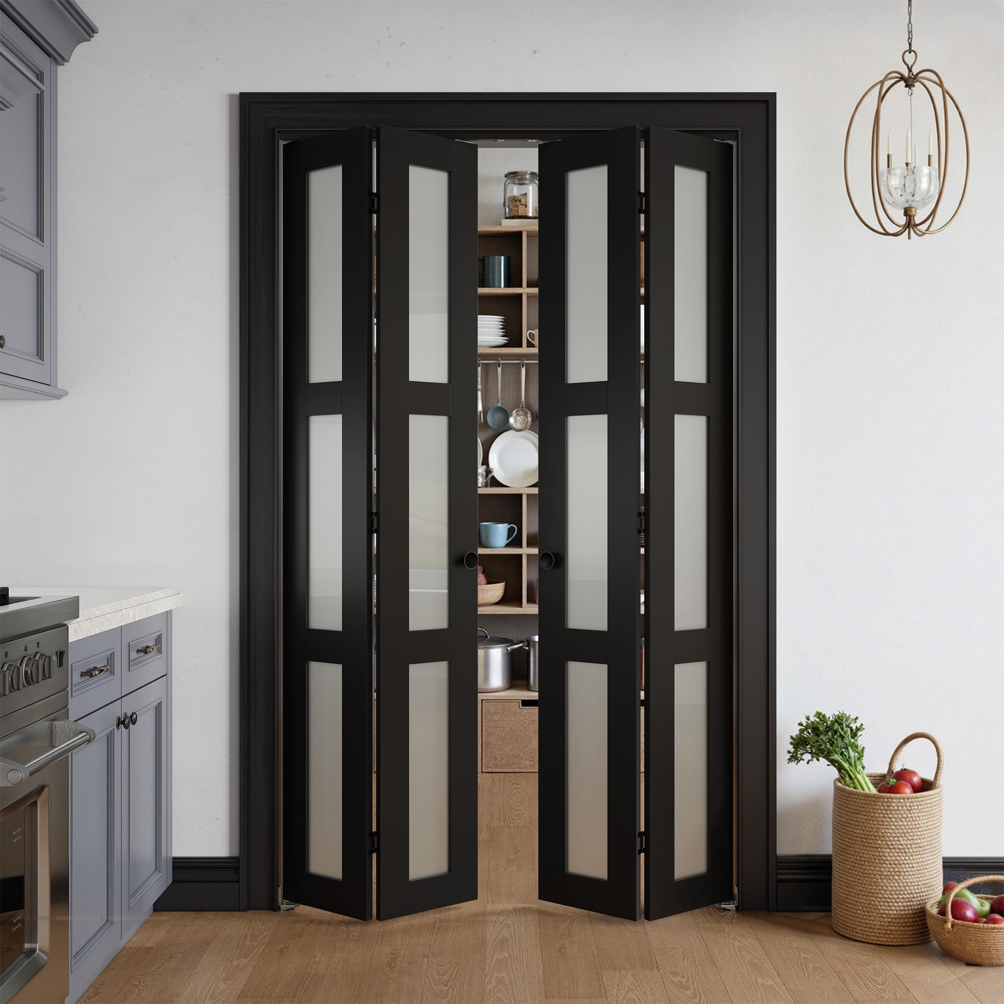 Photo 1 of COSHOMER Bifold Doors for 48" x 80" Opening, 3-lite Tempered Frosted Glass Closet Folding Doors with Hardware kit Included, Easy Assembly, Black