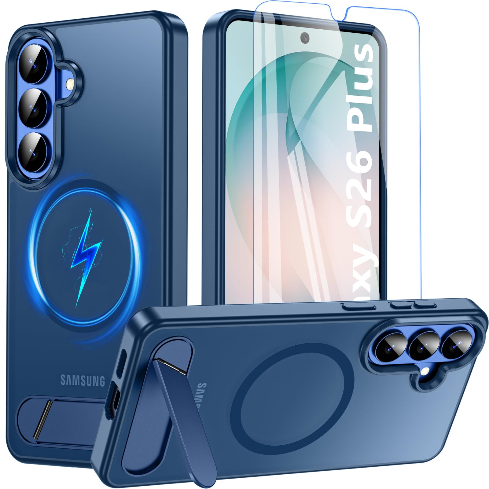 For Samsung Galaxy S26 Plus Case with Stand&Screen Protector,Strong Magnetic Galaxy S26 Plus Phone Case[Adjustable 3 Kickstand Ways] Military Protection Galaxy S26+ Case Slim Shockproof 5G Cover,Blue